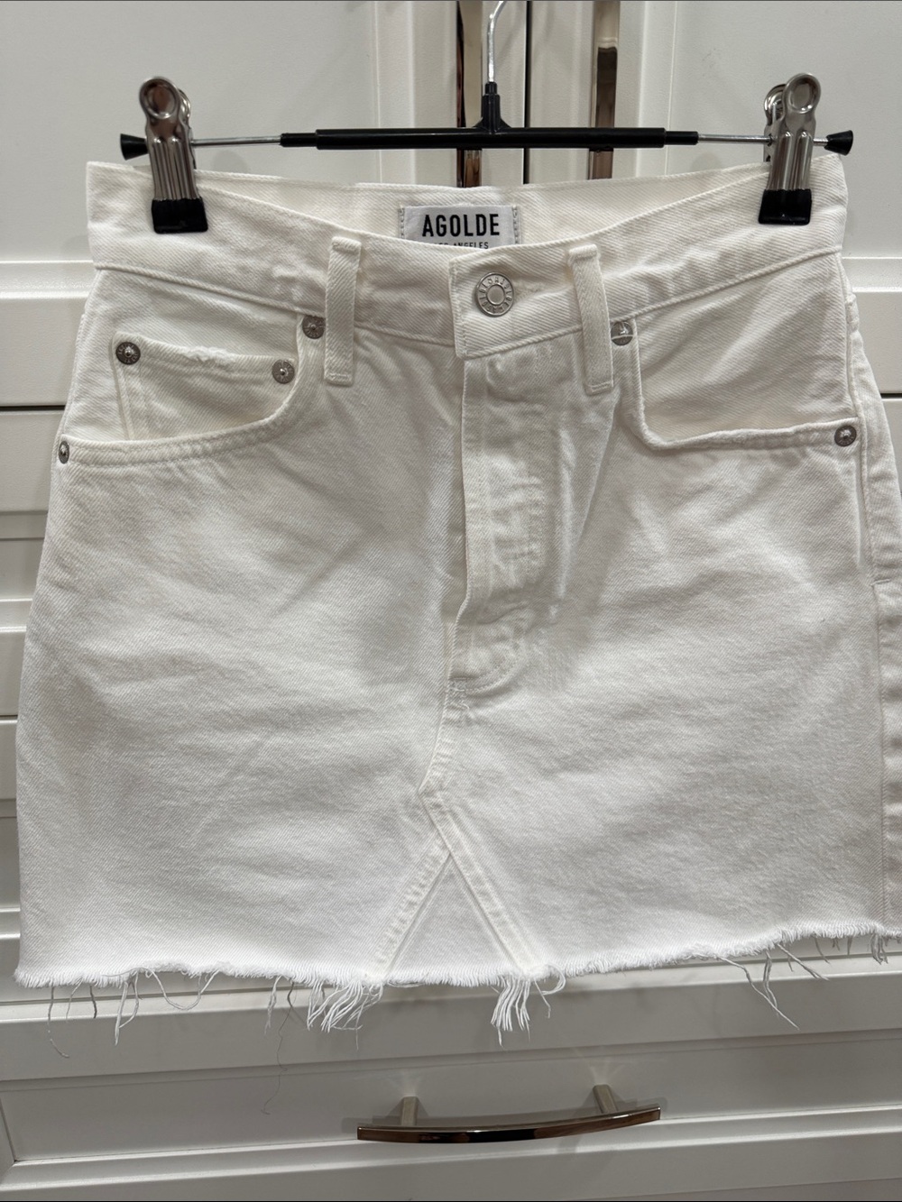 Agolde White Denim Mini Skirt with Raw Hem Size 23